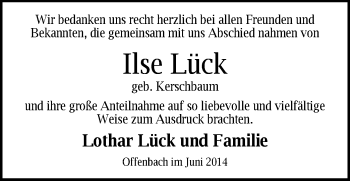 Traueranzeige von Ilse Lück von Offenbach