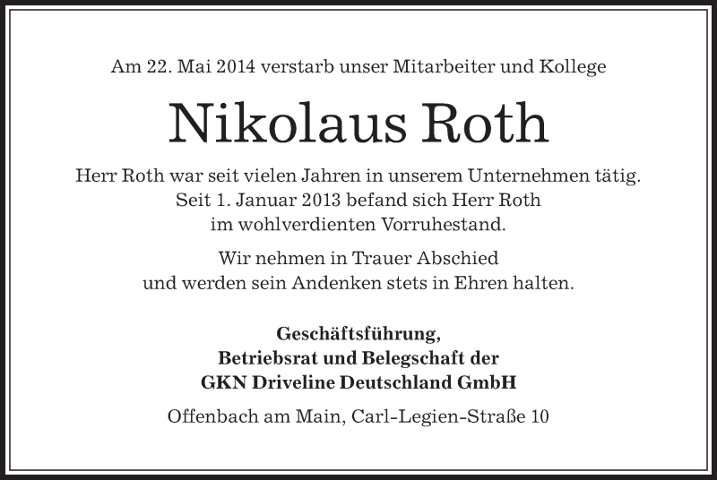  Traueranzeige für Nikolaus Roth vom 04.06.2014 aus Offenbach