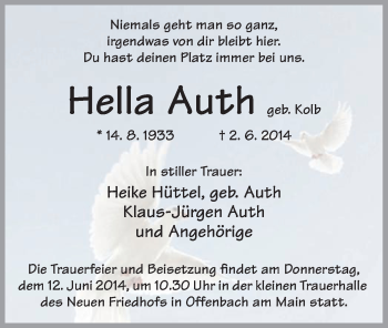 Traueranzeige von Hella  Auth von Offenbach