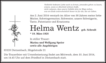 Traueranzeige von Helma Wentz von Offenbach