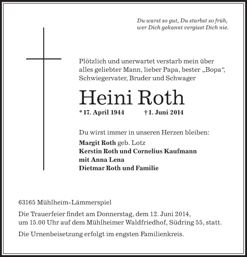  Traueranzeige für Heini Roth vom 07.06.2014 aus Offenbach