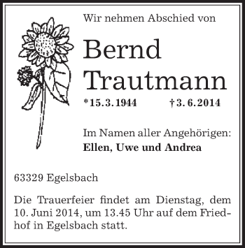 Traueranzeige von Bernd Trautmann von Offenbach