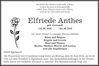 Traueranzeige von Elfriede Anthes von Offenbach