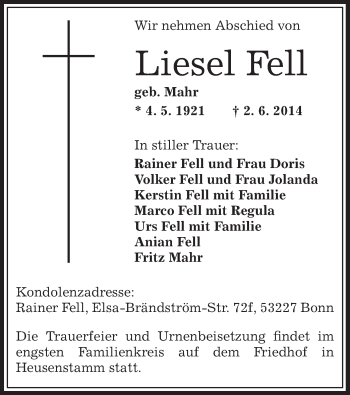 Traueranzeige von Liesel Fell von Offenbach