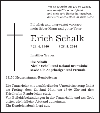 Traueranzeige von Erich Schalk von Offenbach