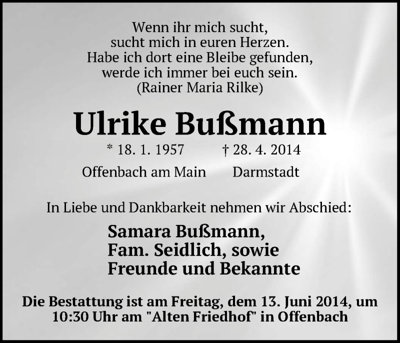  Traueranzeige für Ulrike Bußmann vom 10.06.2014 aus Offenbach