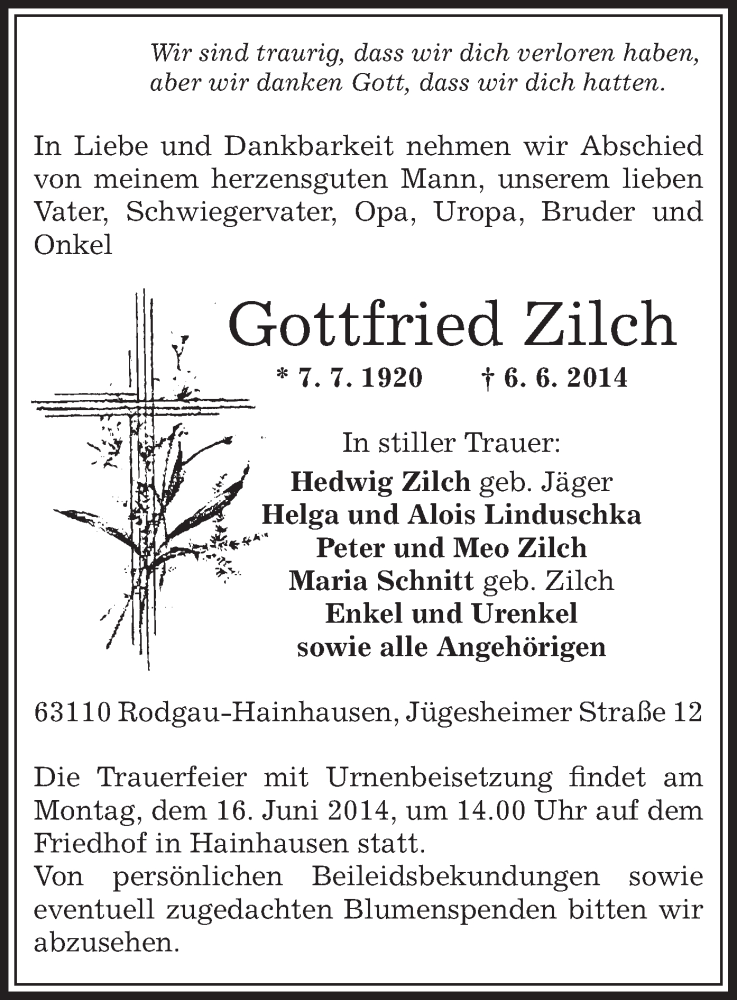  Traueranzeige für Gottfried Zilch vom 12.06.2014 aus Offenbach