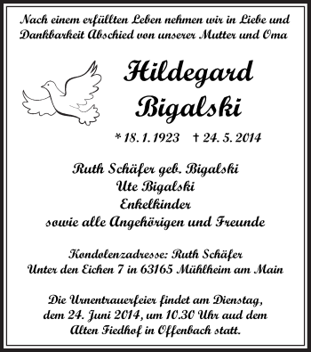 Traueranzeige von Hildegard Bigalski von Offenbach