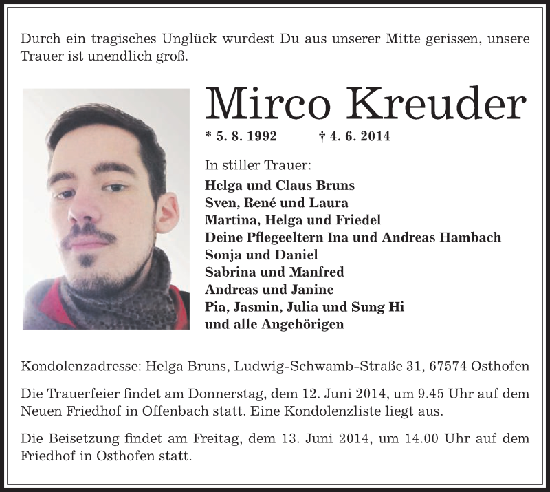  Traueranzeige für Mirco Kreuder vom 11.06.2014 aus Offenbach