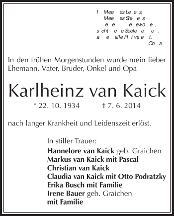 Traueranzeige von Karlheinz van Kaick von Offenbach