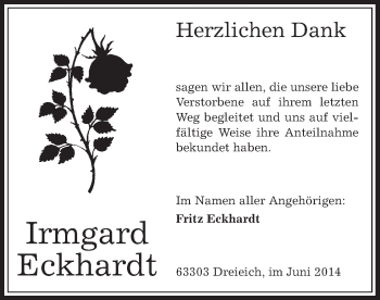Traueranzeige von Irmgard Eckhardt von Offenbach