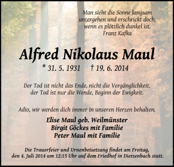 Traueranzeige von Alfred Nikolaus Maul von Offenbach