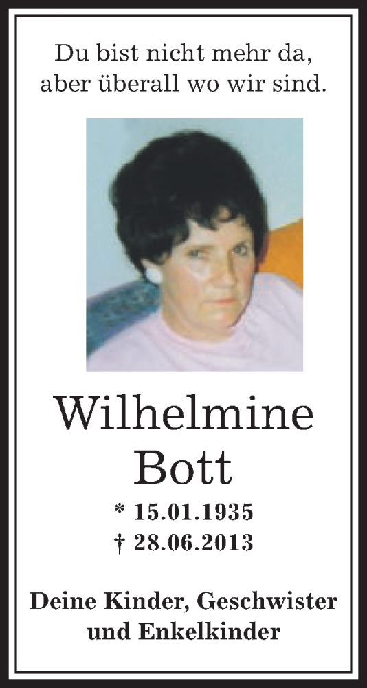  Traueranzeige für Wilhelmine Bott vom 28.06.2014 aus Offenbach