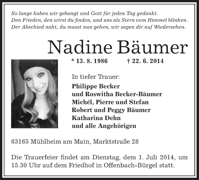  Traueranzeige für Nadine Bäumer vom 28.06.2014 aus Offenbach