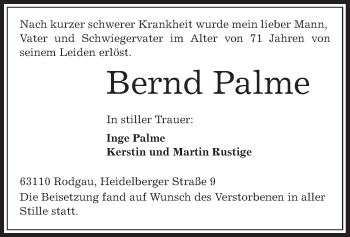 Traueranzeige von Bernd Palme von Offenbach