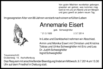 Traueranzeige von Annemarie Eisert von Offenbach