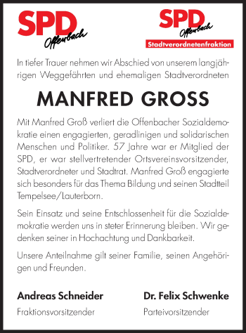 Traueranzeige von Manfred Gross von Offenbach