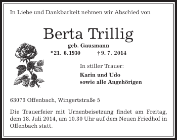 Traueranzeige von Berta Trillig von Offenbach