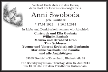 Traueranzeige von Anm Swoboda von Offenbach