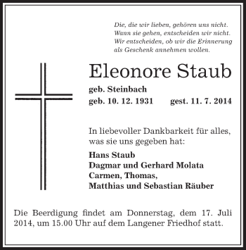 Traueranzeige von Eleonore Staub von Offenbach