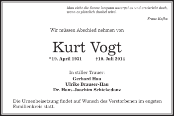 Traueranzeige von Kurt Vogt von Offenbach