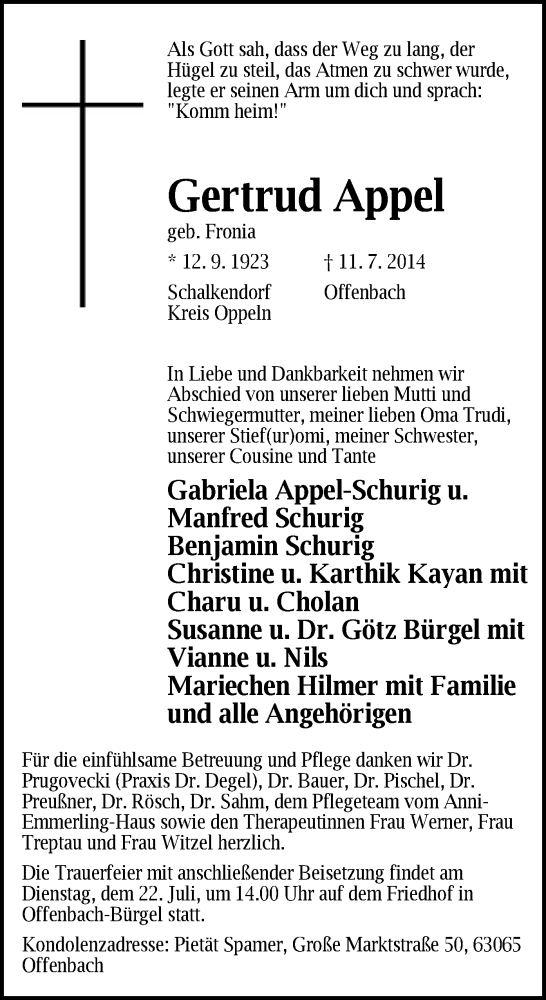  Traueranzeige für Gertrud Appel vom 19.07.2014 aus Offenbach