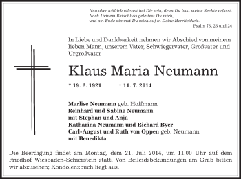 Traueranzeige von Klaus Maria Neumann von Offenbach