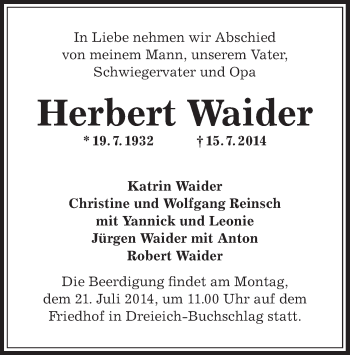 Traueranzeige von Herbert Waider von Offenbach