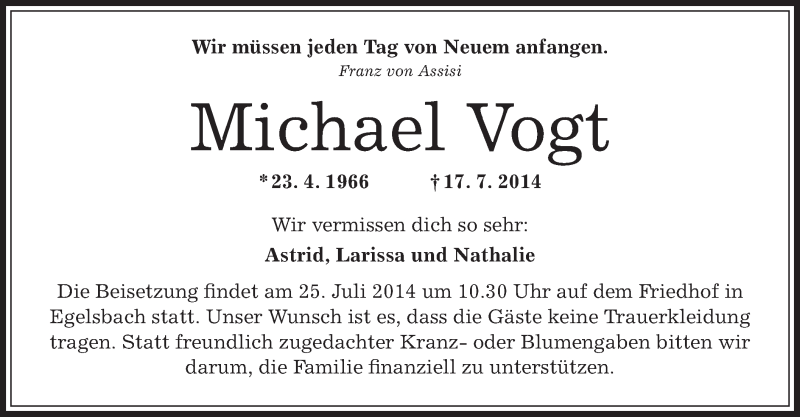  Traueranzeige für Michael Vogt vom 22.07.2014 aus Offenbach