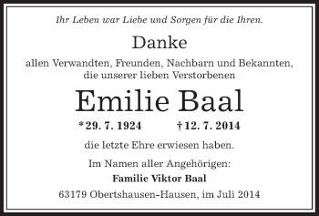 Traueranzeige von Emilie Baal von Offenbach