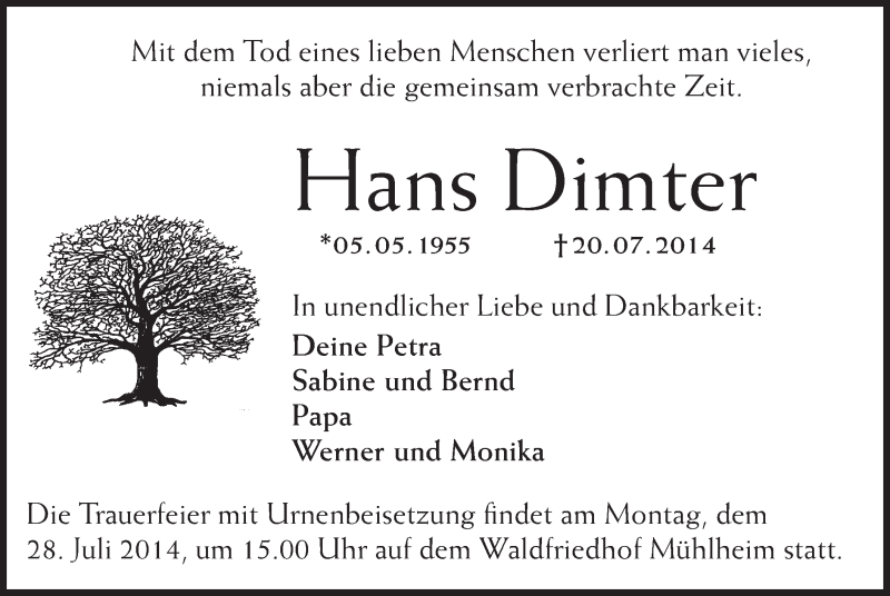  Traueranzeige für Hans Dimter vom 24.07.2014 aus Offenbach