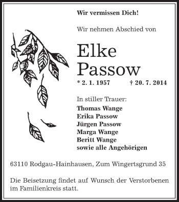 Traueranzeige von Elke Passow von Offenbach