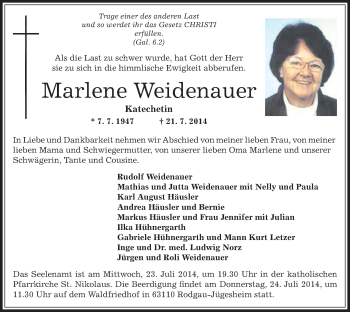 Traueranzeige von Marlene Weidenauer von Offenbach