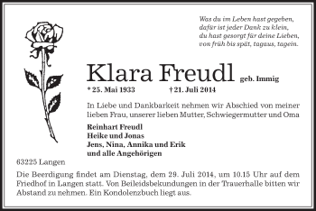 Traueranzeige von Klara Freudl von Offenbach