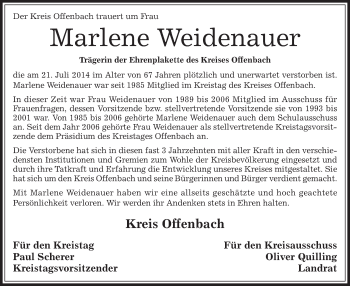 Traueranzeige von Marlene Weidenauer von Offenbach