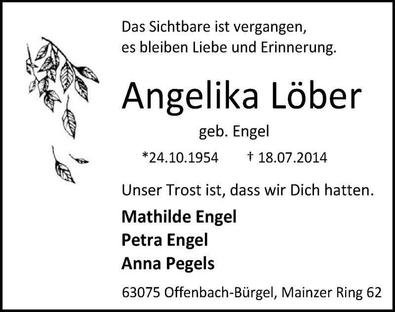  Traueranzeige für Angelika Löber vom 26.07.2014 aus Offenbach
