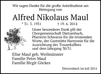 Traueranzeige von Alfred Nikolaus Maul von Offenbach