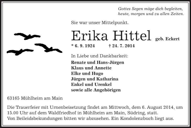  Traueranzeige für Erika Hittel vom 31.07.2014 aus Offenbach
