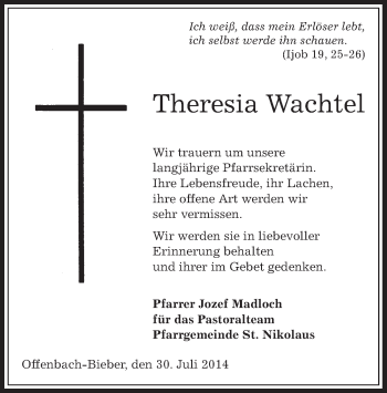 Traueranzeige von Theresia Wachtel von Offenbach