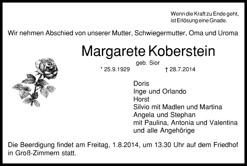  Traueranzeige für Margarete Koberstein vom 31.07.2014 aus Offenbach