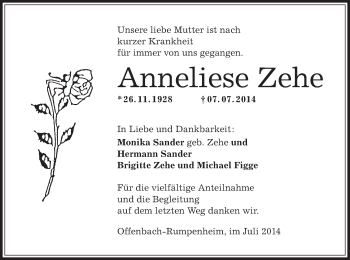 Traueranzeige von Anneliese Zehe von Offenbach