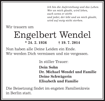 Traueranzeige von Engelbert Wendel von Offenbach