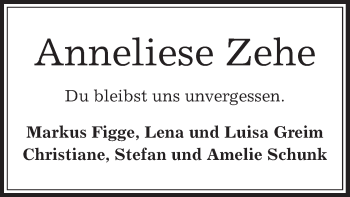 Traueranzeige von Anneliese Zehe von Offenbach