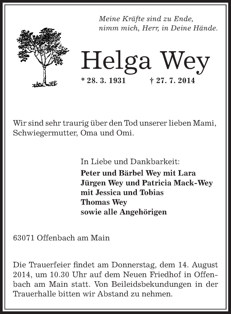  Traueranzeige für Helga Wey vom 09.08.2014 aus Offenbach