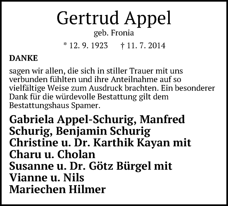  Traueranzeige für Gertrud Appel vom 09.08.2014 aus Offenbach