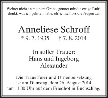 Traueranzeige von Anneliese Schroff von Offenbach