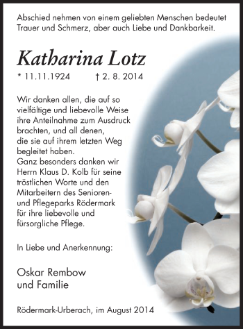 Traueranzeige von Katharina Lotz von Offenbach