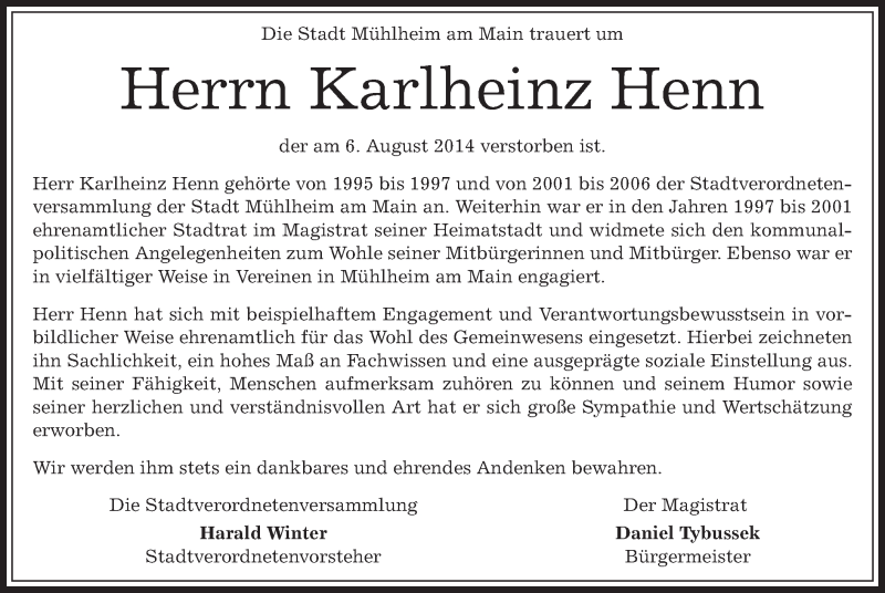  Traueranzeige für Karlheinz Henn vom 16.08.2014 aus Rheinmain