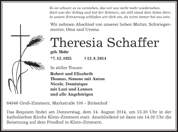 Traueranzeige von Theresia Schaffer von Offenbach