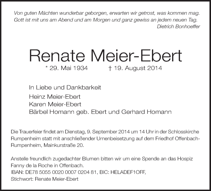  Traueranzeige für Renate Meier-Ebert vom 23.08.2014 aus Offenbach